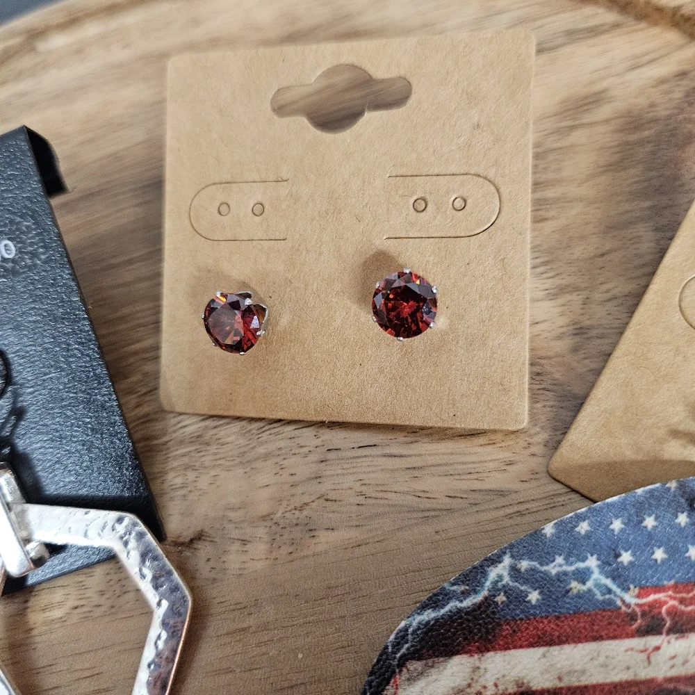 Women's Fashion Set of 3 Pairs Earrings American Flag Silver Red Crystal Studs